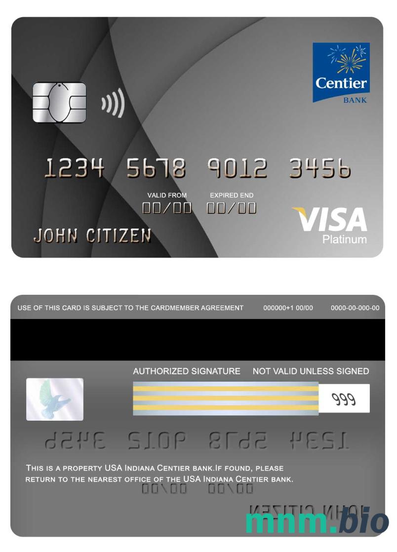 USA Indiana Centier bank visa platyna karta przykład w formacie PSD